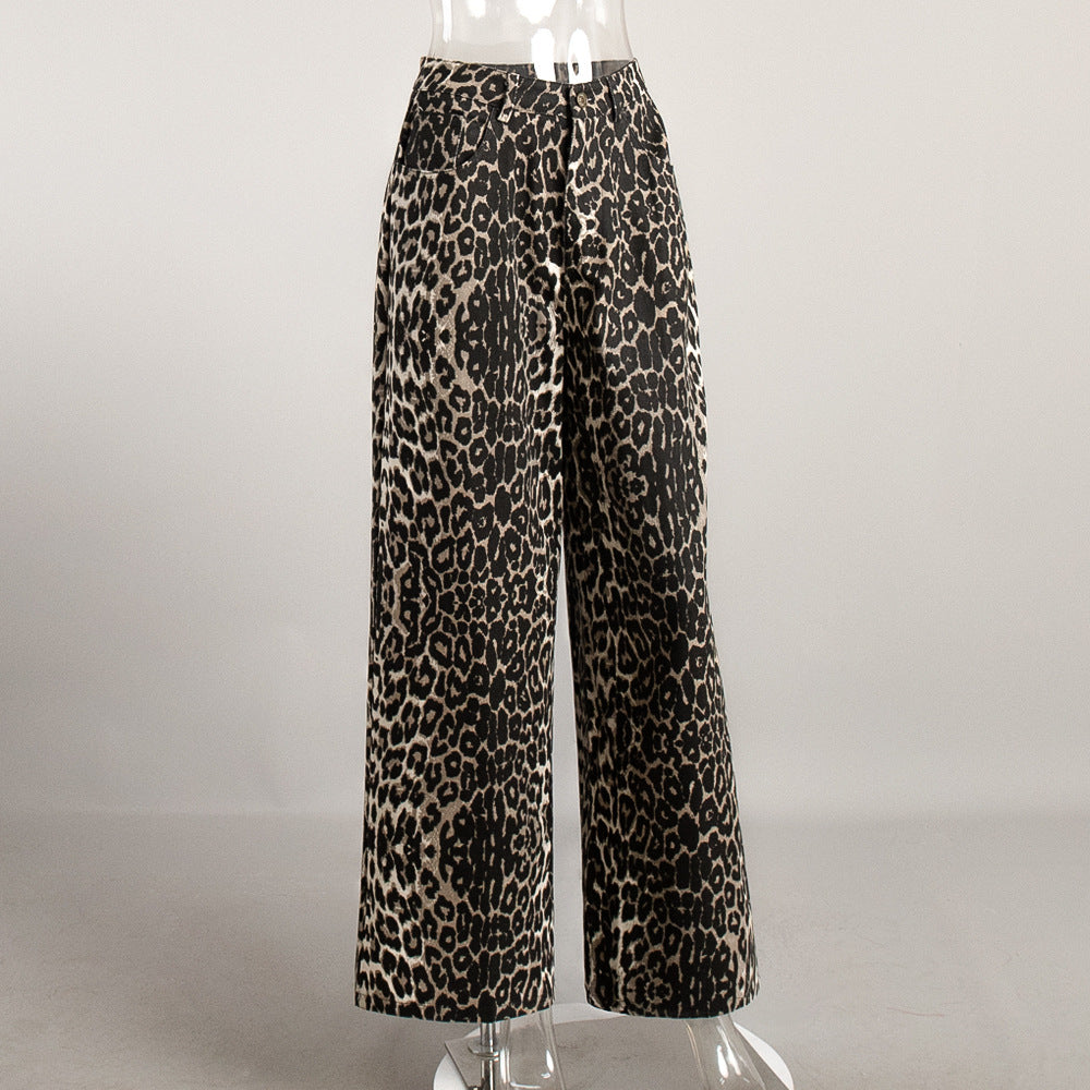 Animal Print Slouchy Wide Leg Trousers - Leopard - 1