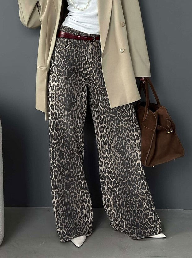 Animal Print Slouchy Wide Leg Trousers - Leopard - 7