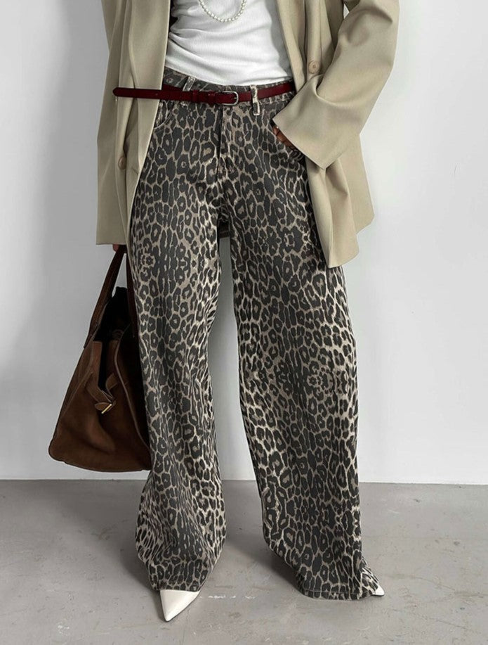 Animal Print Slouchy Wide Leg Trousers - Leopard - 8