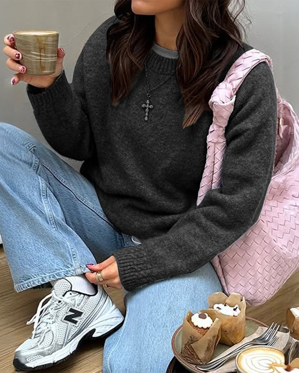 Oversized Crewneck Drop Shoulder Knit Sweater - Black
