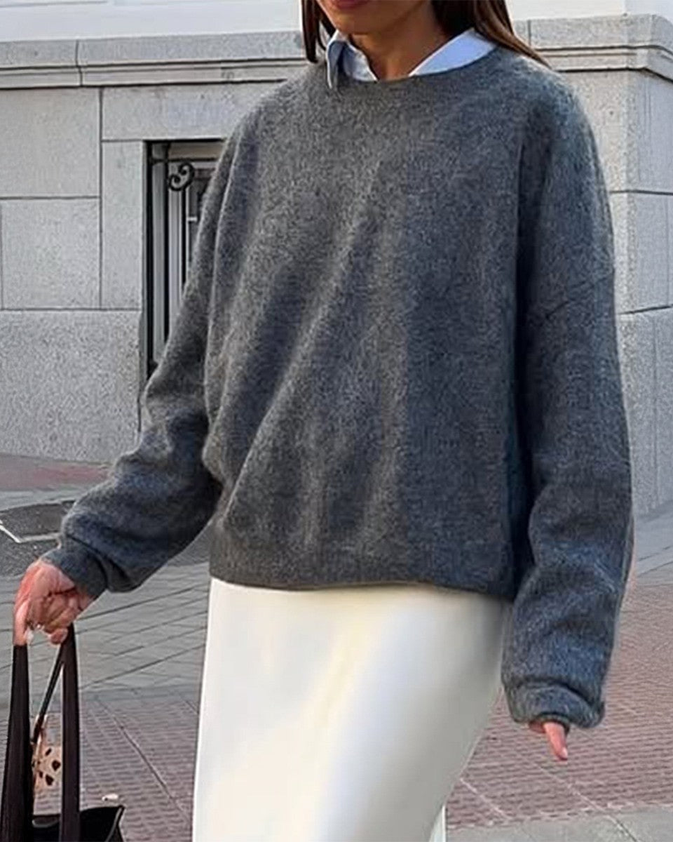 Oversized Crewneck Drop Shoulder Knit Sweater - Gray