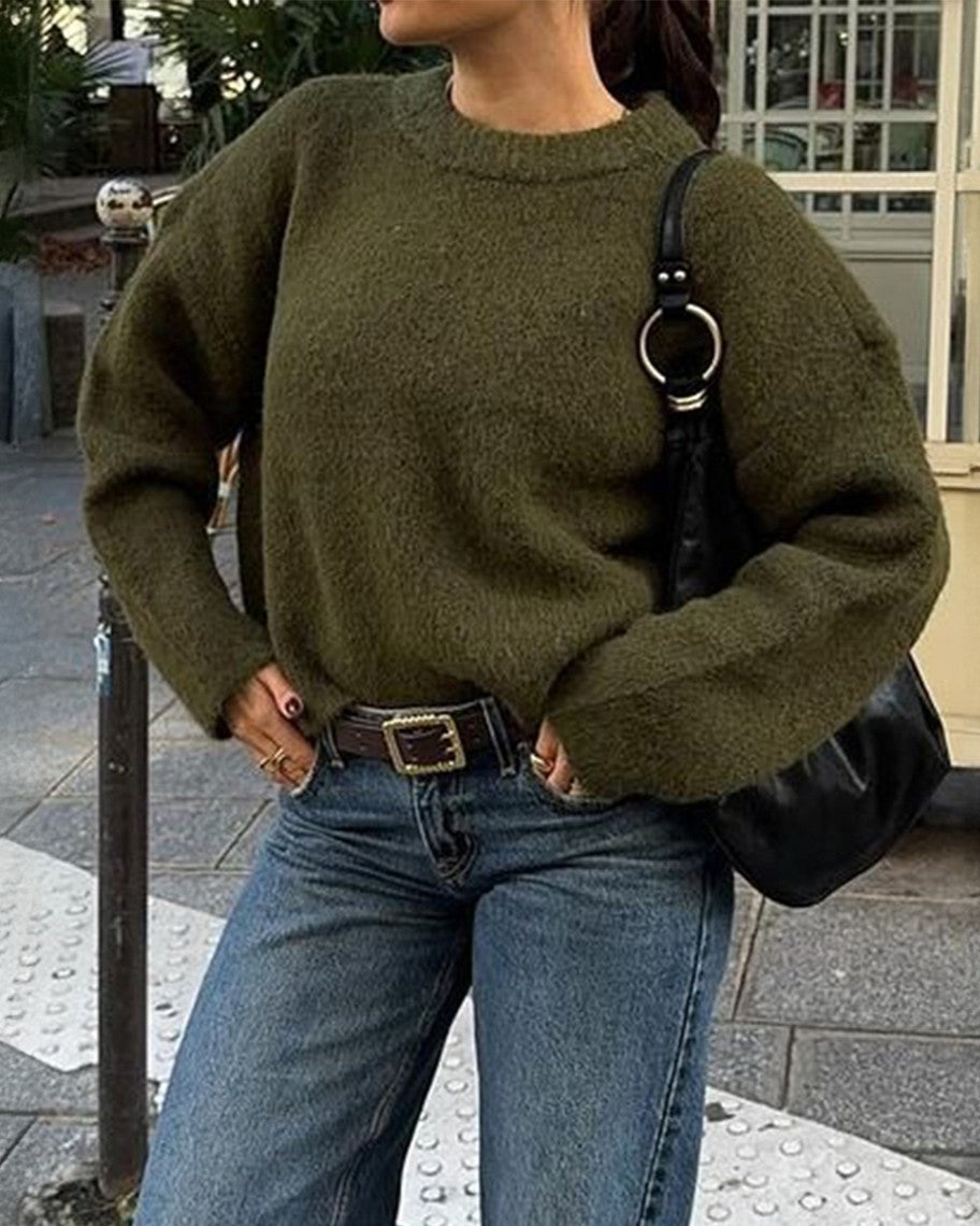 Oversized Crewneck Drop Shoulder Knit Sweater - Green