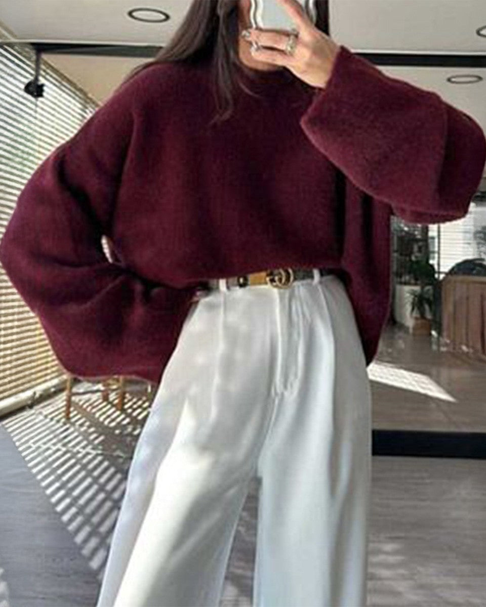 Oversized Crewneck Drop Shoulder Knit Sweater - Red - 1