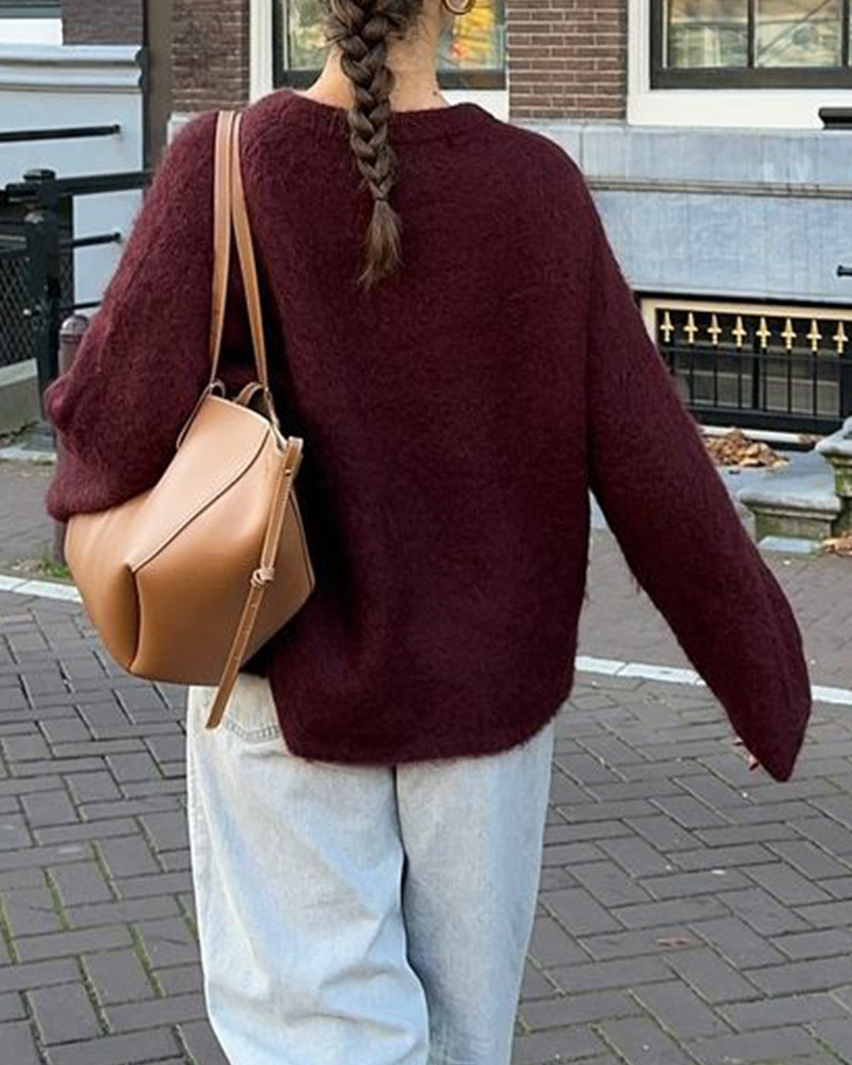 Oversized Crewneck Drop Shoulder Knit Sweater - Red - 2