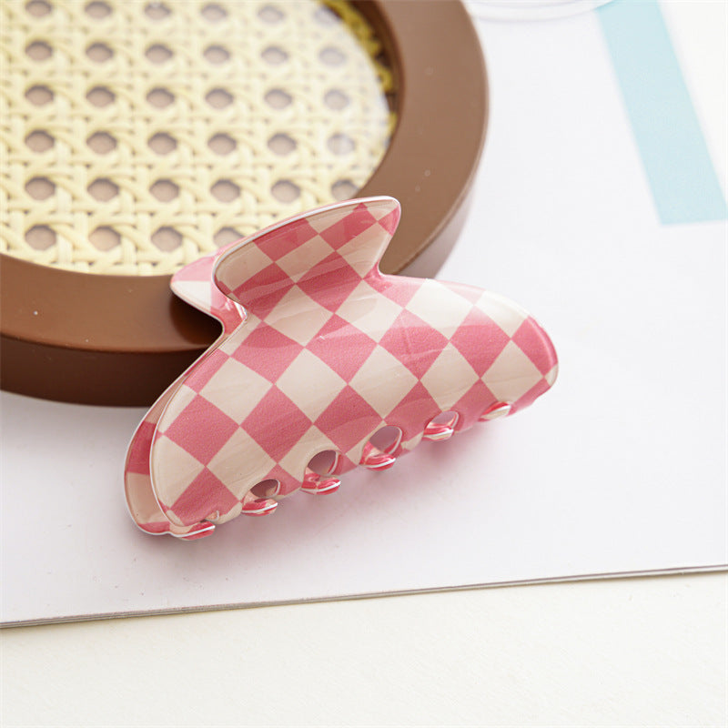 Checkerboard Rectangular Hair Claw Clip - Pink