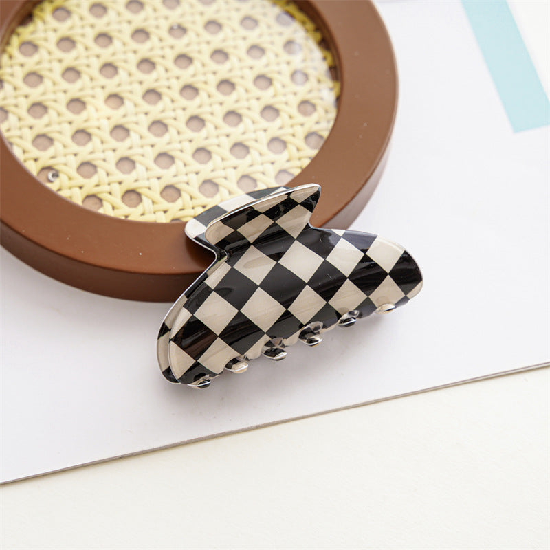 Checkerboard Rectangular Hair Claw Clip - beige