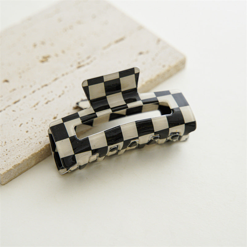 Checkerboard Rectangular Hair Claw Clip - beige-S