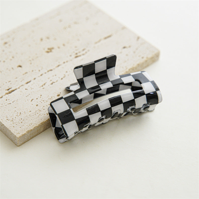 Checkerboard Rectangular Hair Claw Clip - black-S