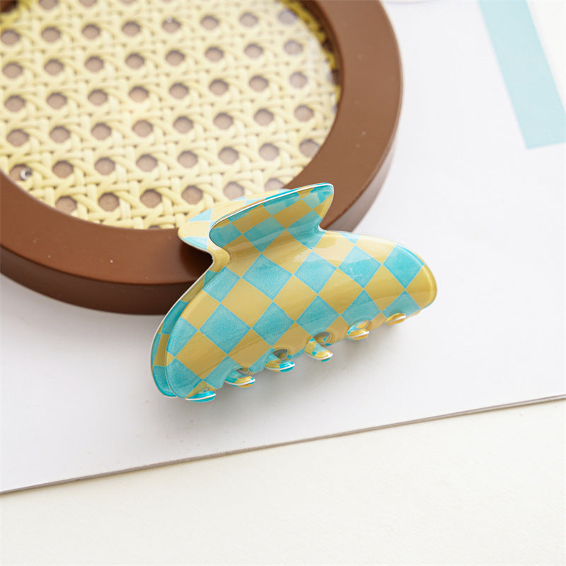 Checkerboard Rectangular Hair Claw Clip - blue