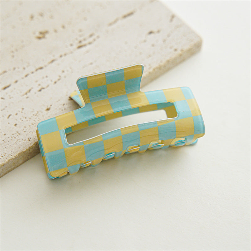Checkerboard Rectangular Hair Claw Clip - blue-S