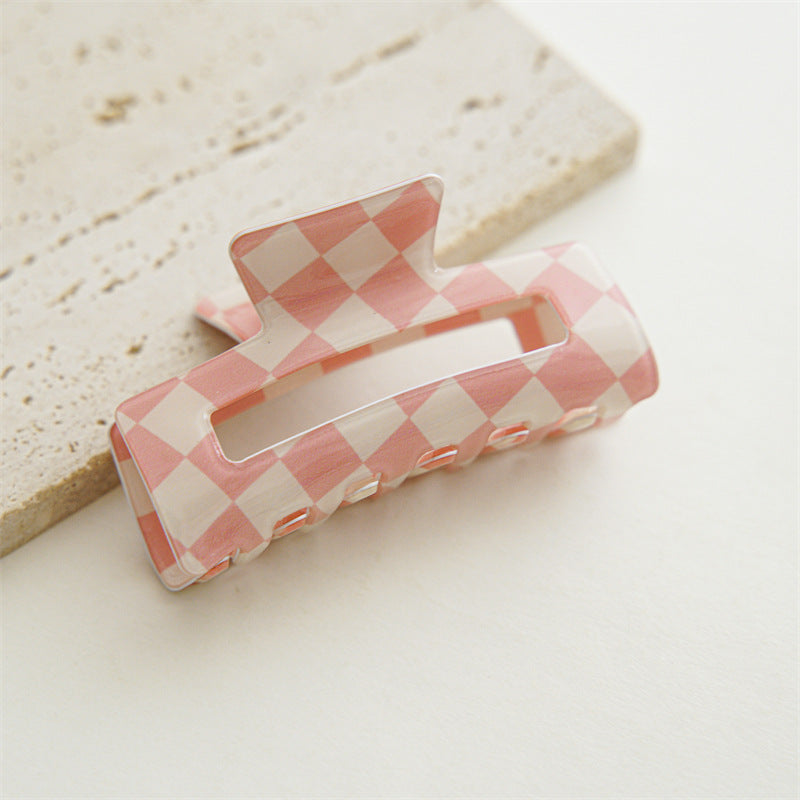 Checkerboard Rectangular Hair Claw Clip - pink-S