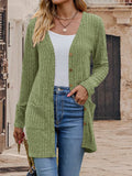 Ribbed Button Front Longline Pocket Cardigan - Green