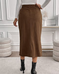 Corduroy High Waist Front Slit Midi Skirt - Brown