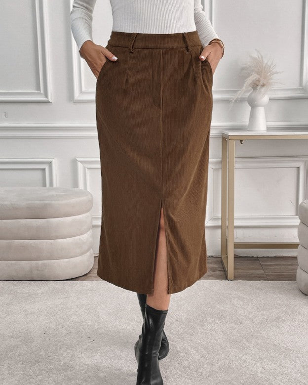 Corduroy High Waist Front Slit Midi Skirt - Brown - 2