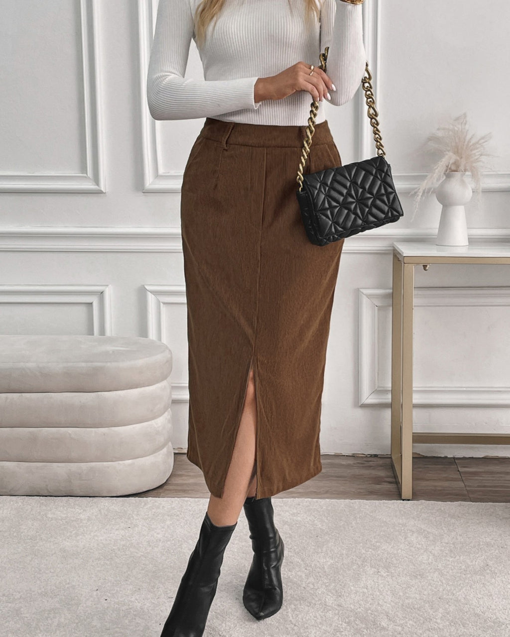 Corduroy High Waist Front Slit Midi Skirt - Brown - 3