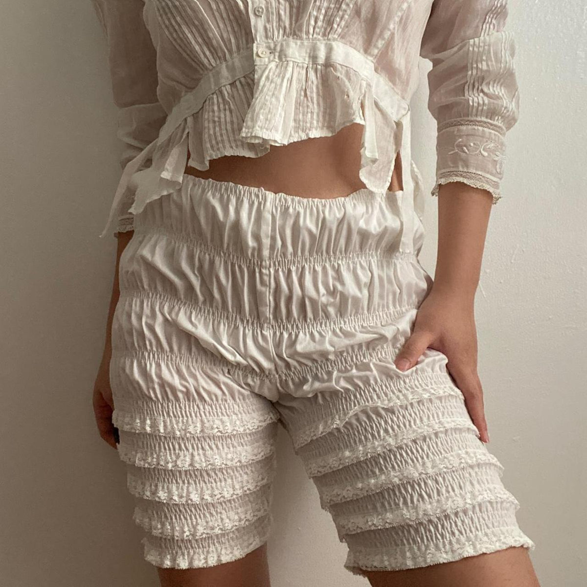 Textured Smocked Ruffle Trim Shorts - White