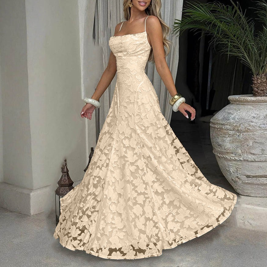 Floral Jacquard Lace Open Back Maxi Dress - Apricot