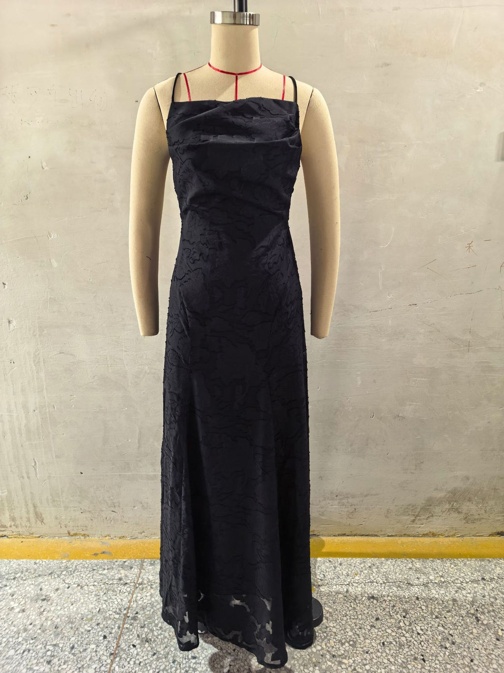 Floral Jacquard Lace Open Back Maxi Dress - Black