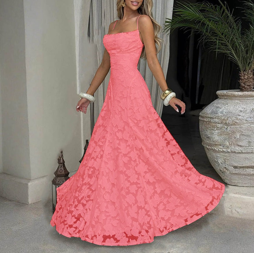 Floral Jacquard Lace Open Back Maxi Dress - Coral
