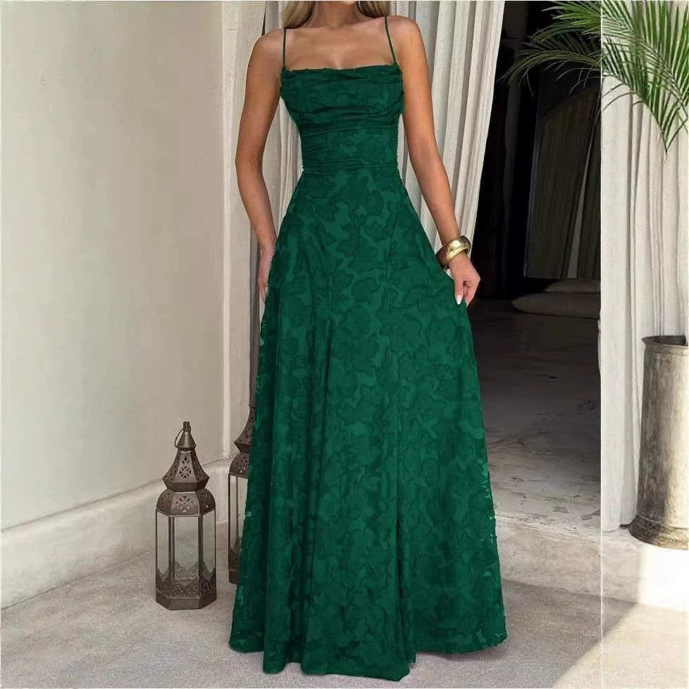 Floral Jacquard Lace Open Back Maxi Dress - Emerald