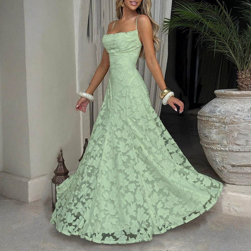 Floral Jacquard Lace Open Back Maxi Dress - Mint