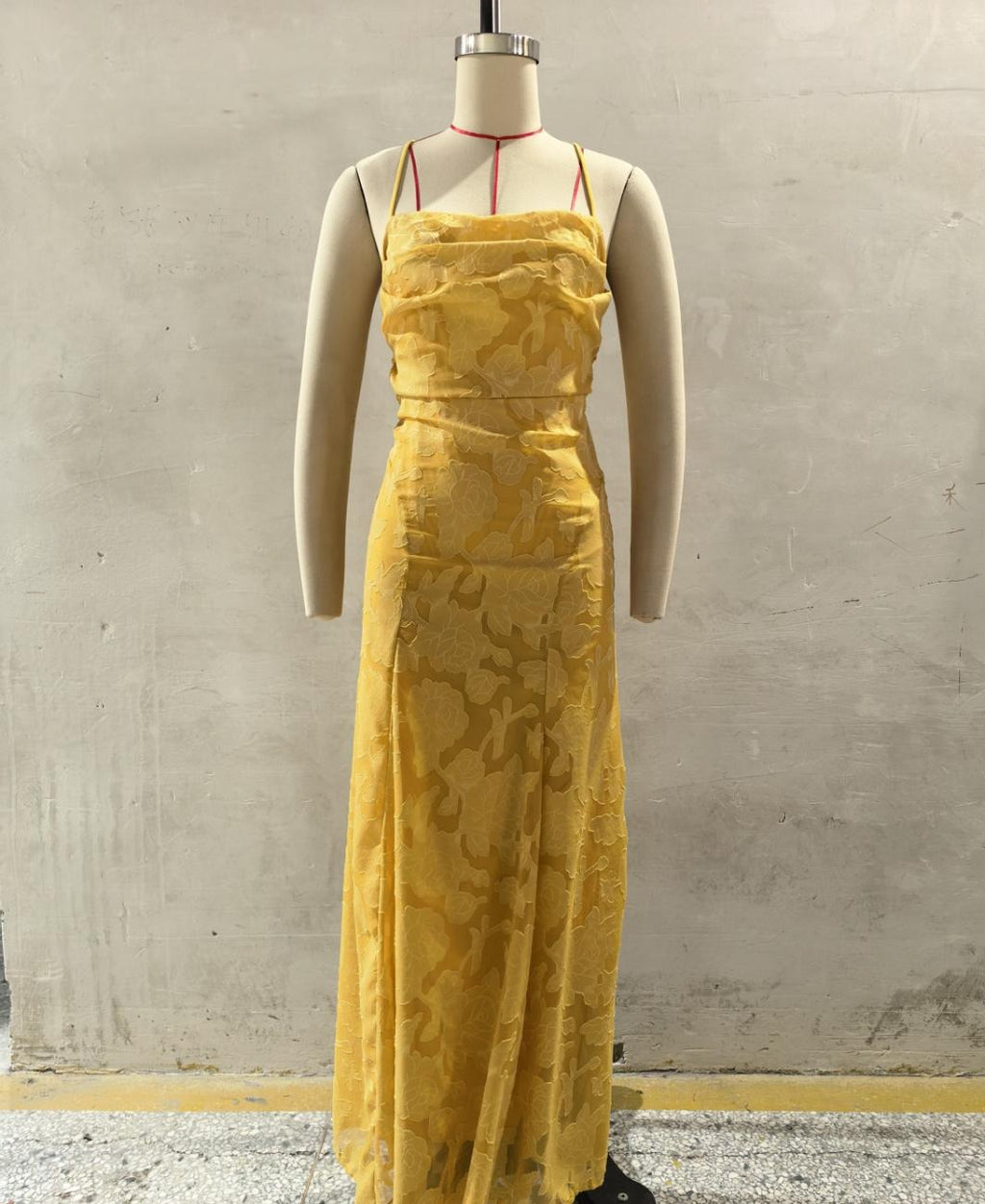 Floral Jacquard Lace Open Back Maxi Dress - Mustard