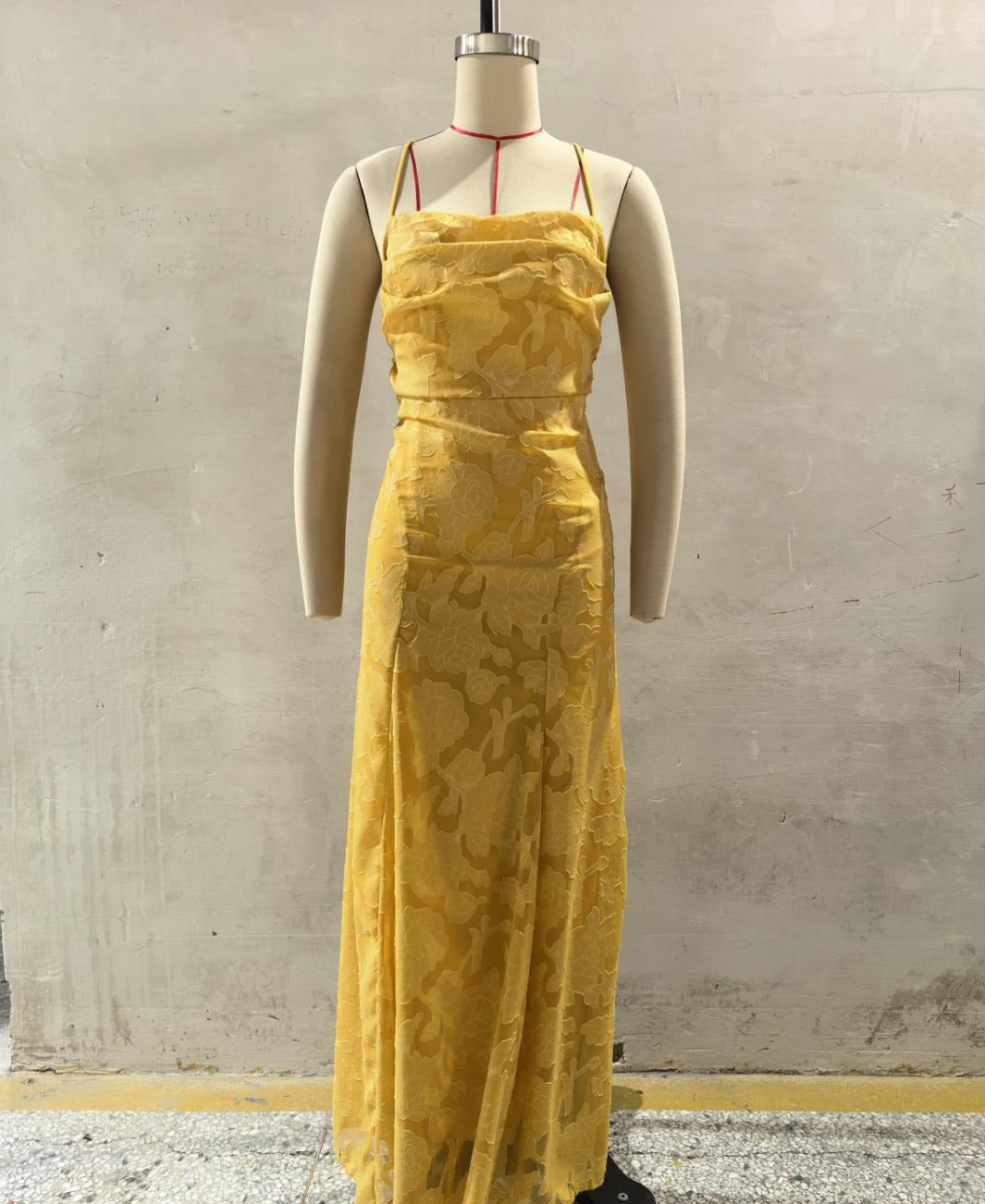 Floral Jacquard Lace Open Back Maxi Dress - Mustard