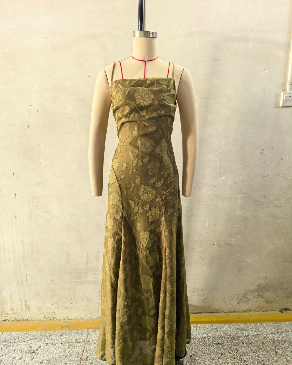 Floral Jacquard Lace Open Back Maxi Dress - Olive