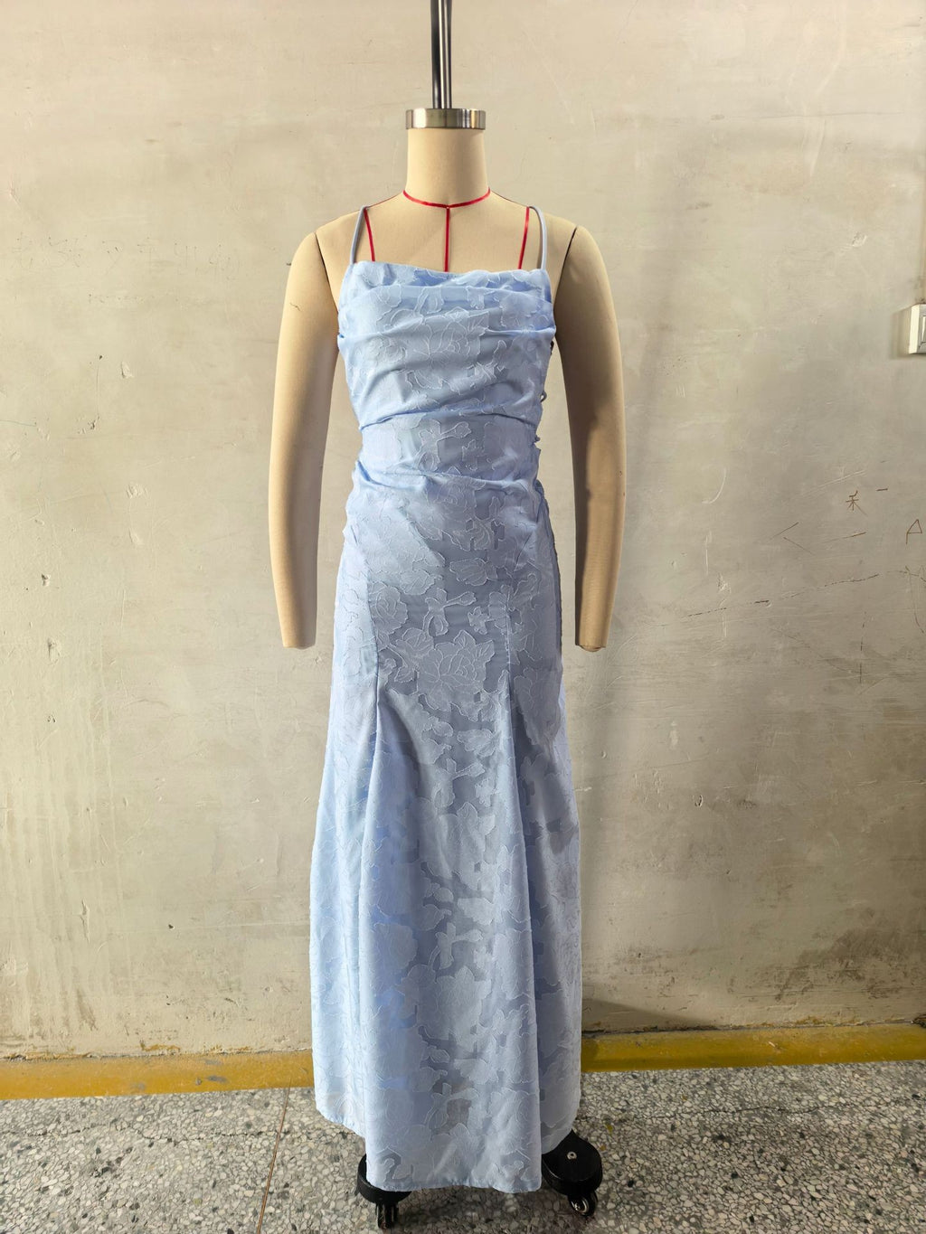 Floral Jacquard Lace Open Back Maxi Dress - Sky Blue