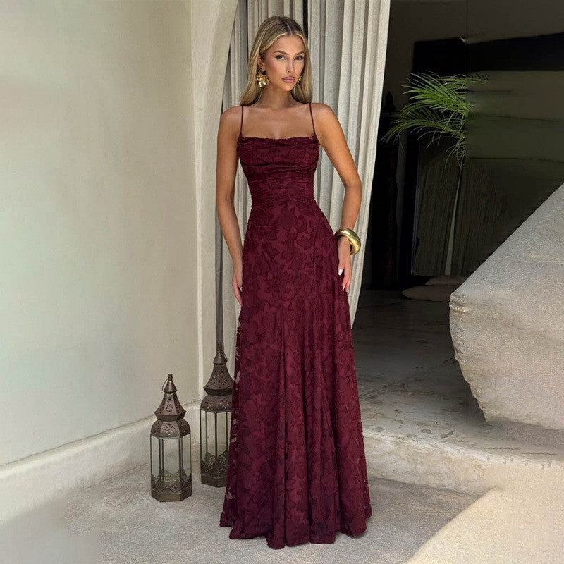 Floral Jacquard Lace Open Back Maxi Dress