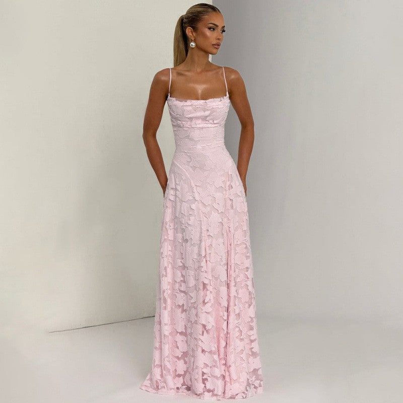 Floral Jacquard Lace Open Back Maxi Dress