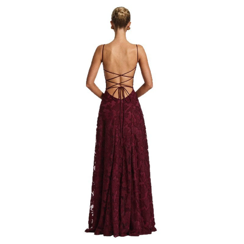 Floral Jacquard Lace Open Back Maxi Dress
