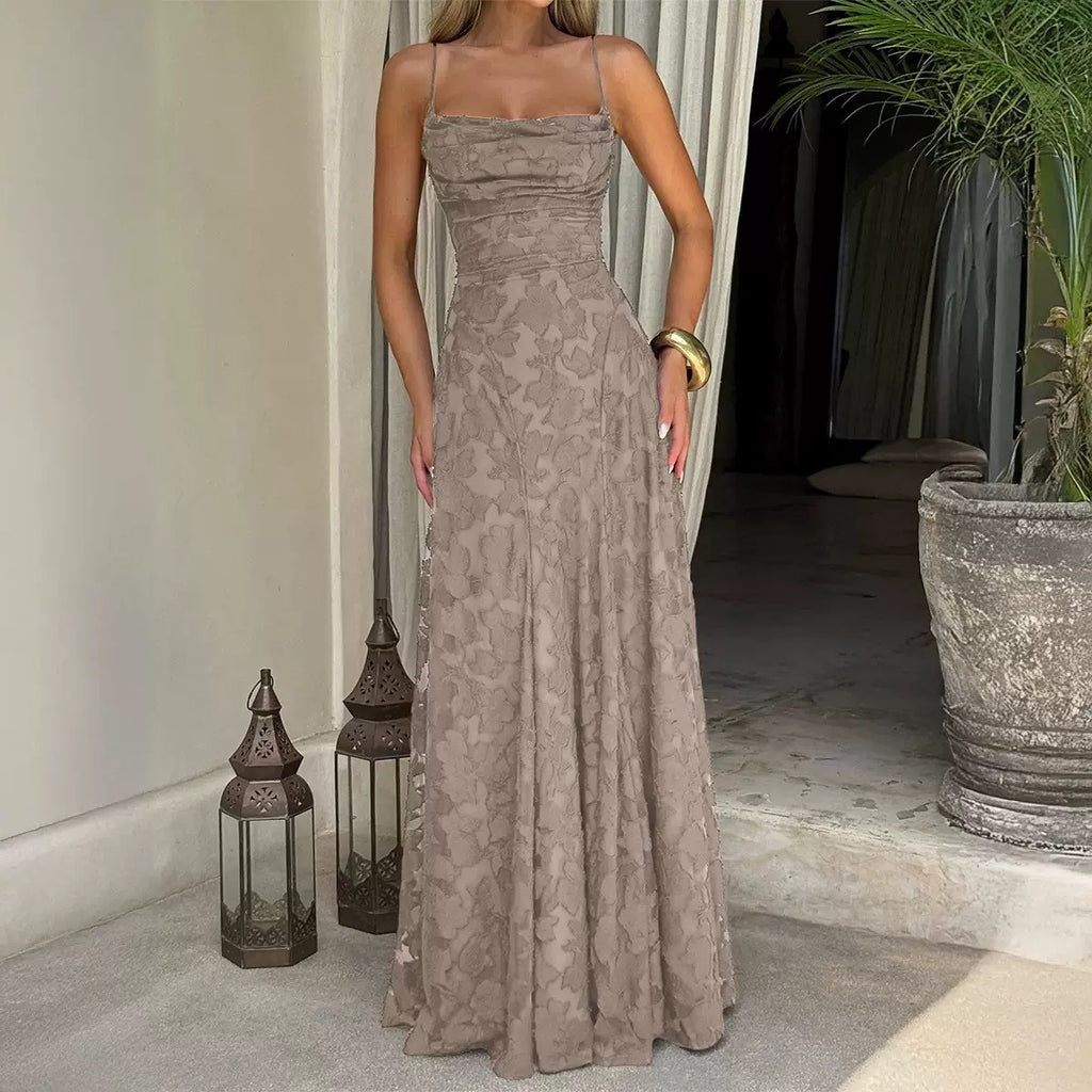 Floral Jacquard Lace Open Back Maxi Dress