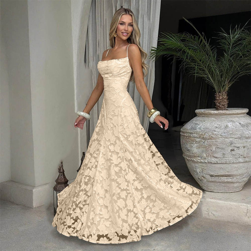 Floral Jacquard Lace Open Back Maxi Dress