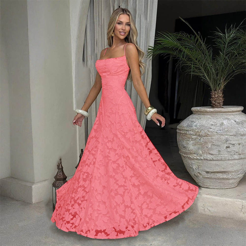 Floral Jacquard Lace Open Back Maxi Dress