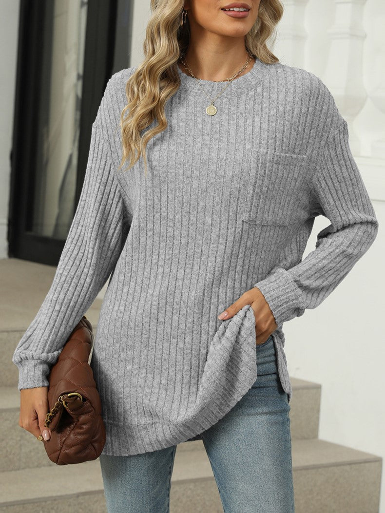 Ribbed Knit Chest Pocket Tunic Top - Ash - 2