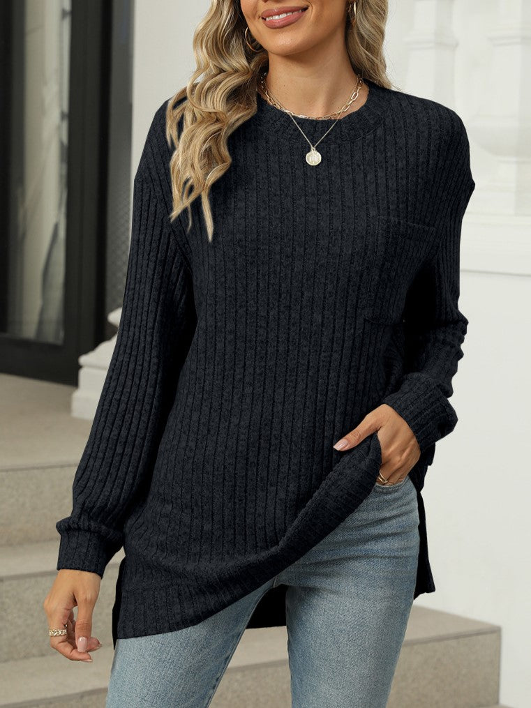 Ribbed Knit Chest Pocket Tunic Top - Black