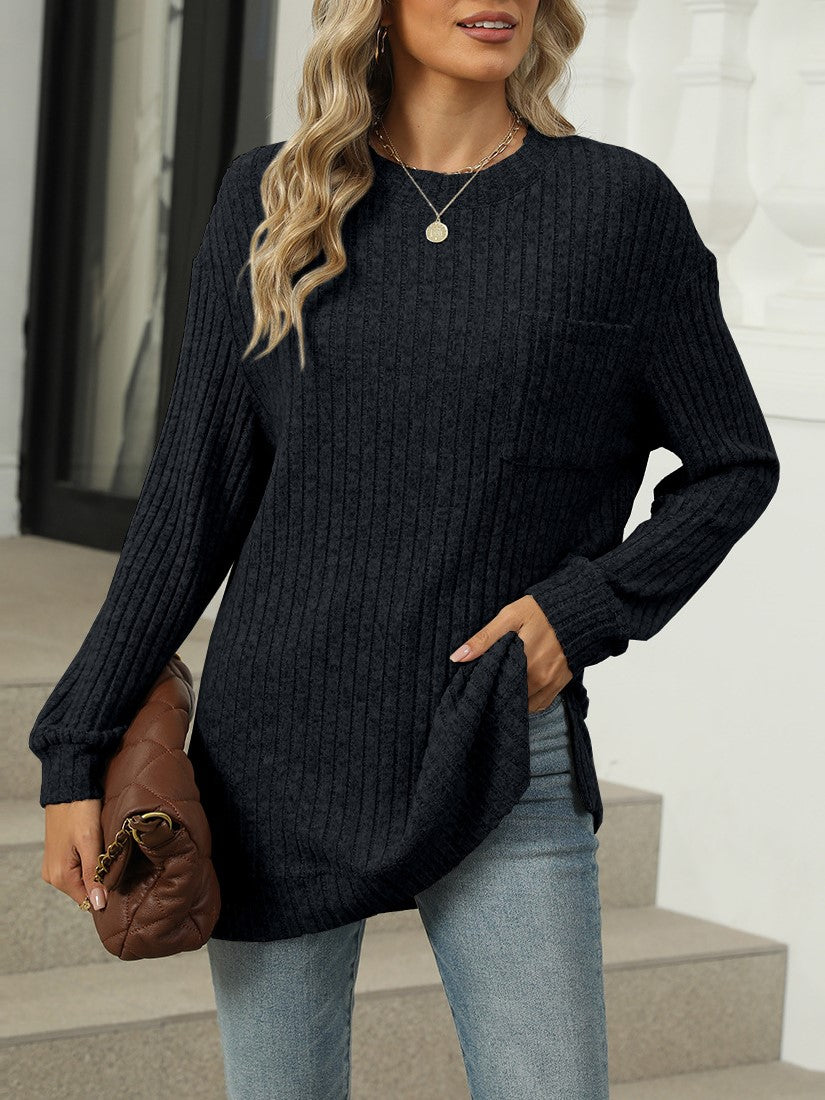 Ribbed Knit Chest Pocket Tunic Top - Black - 1