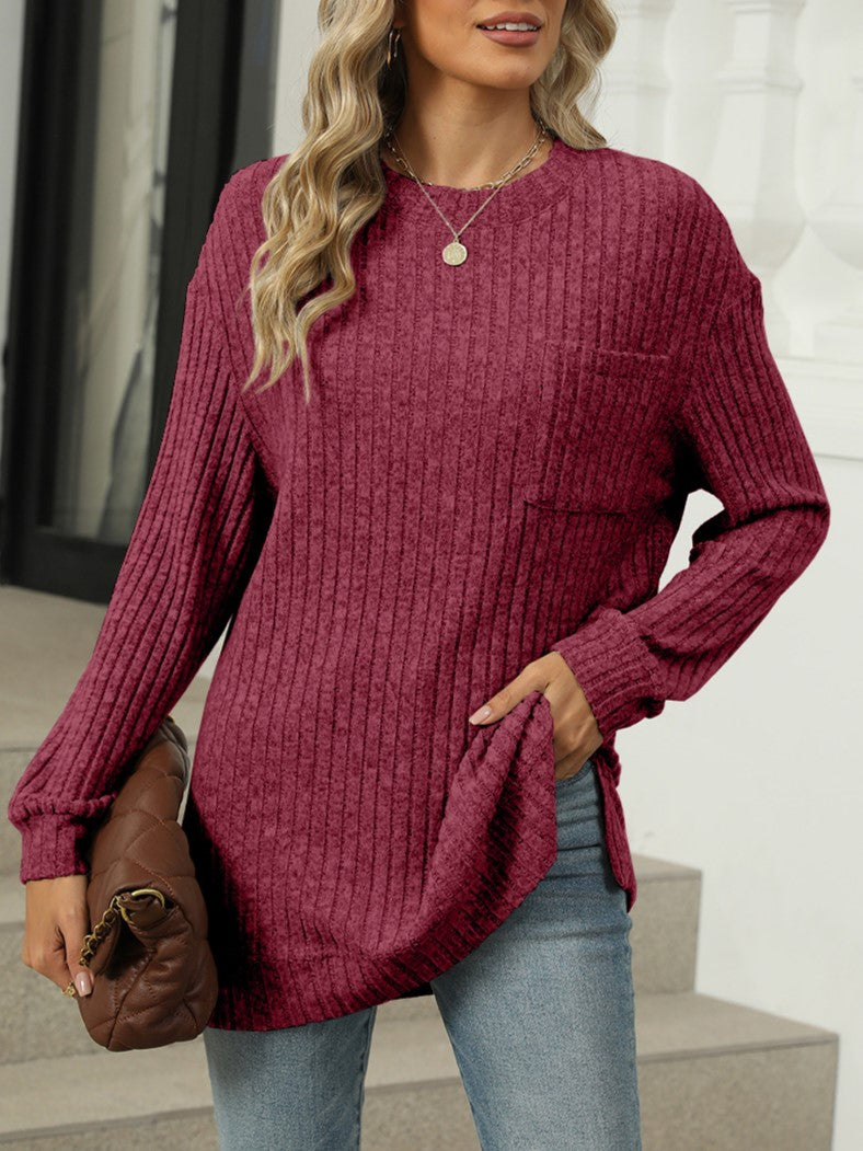 Ribbed Knit Chest Pocket Tunic Top - Burgundy