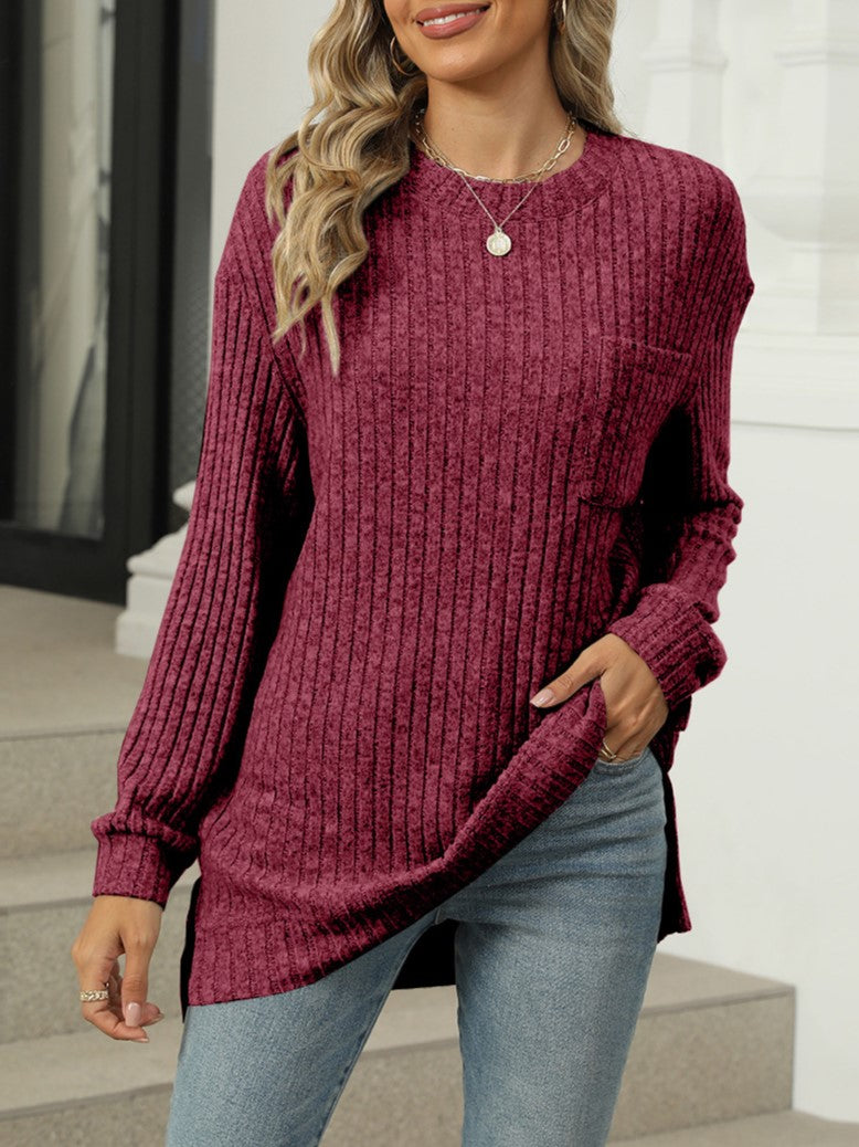Ribbed Knit Chest Pocket Tunic Top - Burgundy - 1
