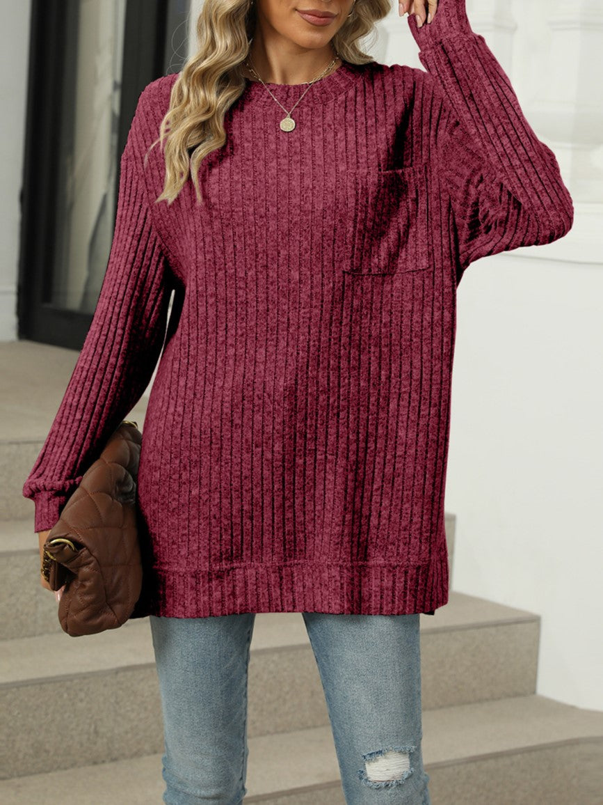 Ribbed Knit Chest Pocket Tunic Top - Burgundy - 2