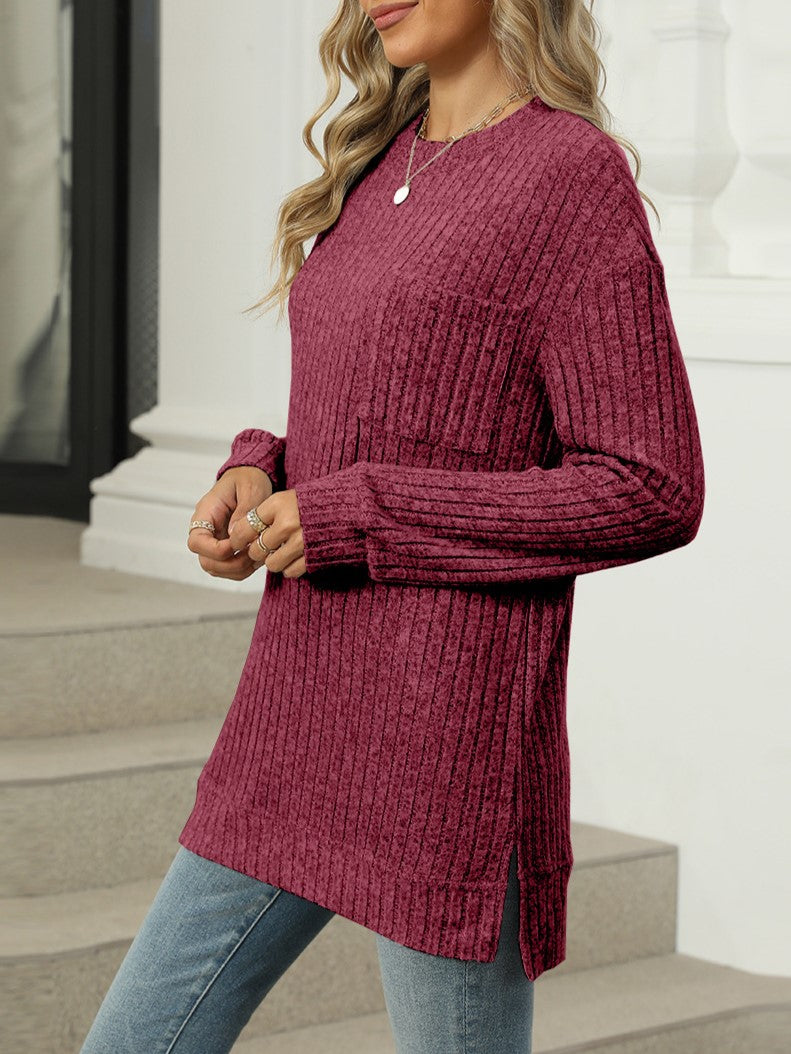 Ribbed Knit Chest Pocket Tunic Top - Burgundy - 3