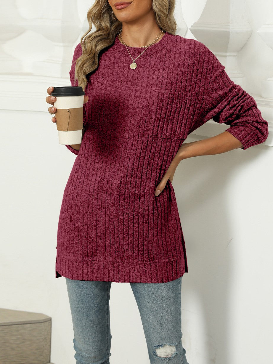 Ribbed Knit Chest Pocket Tunic Top - Burgundy - 4