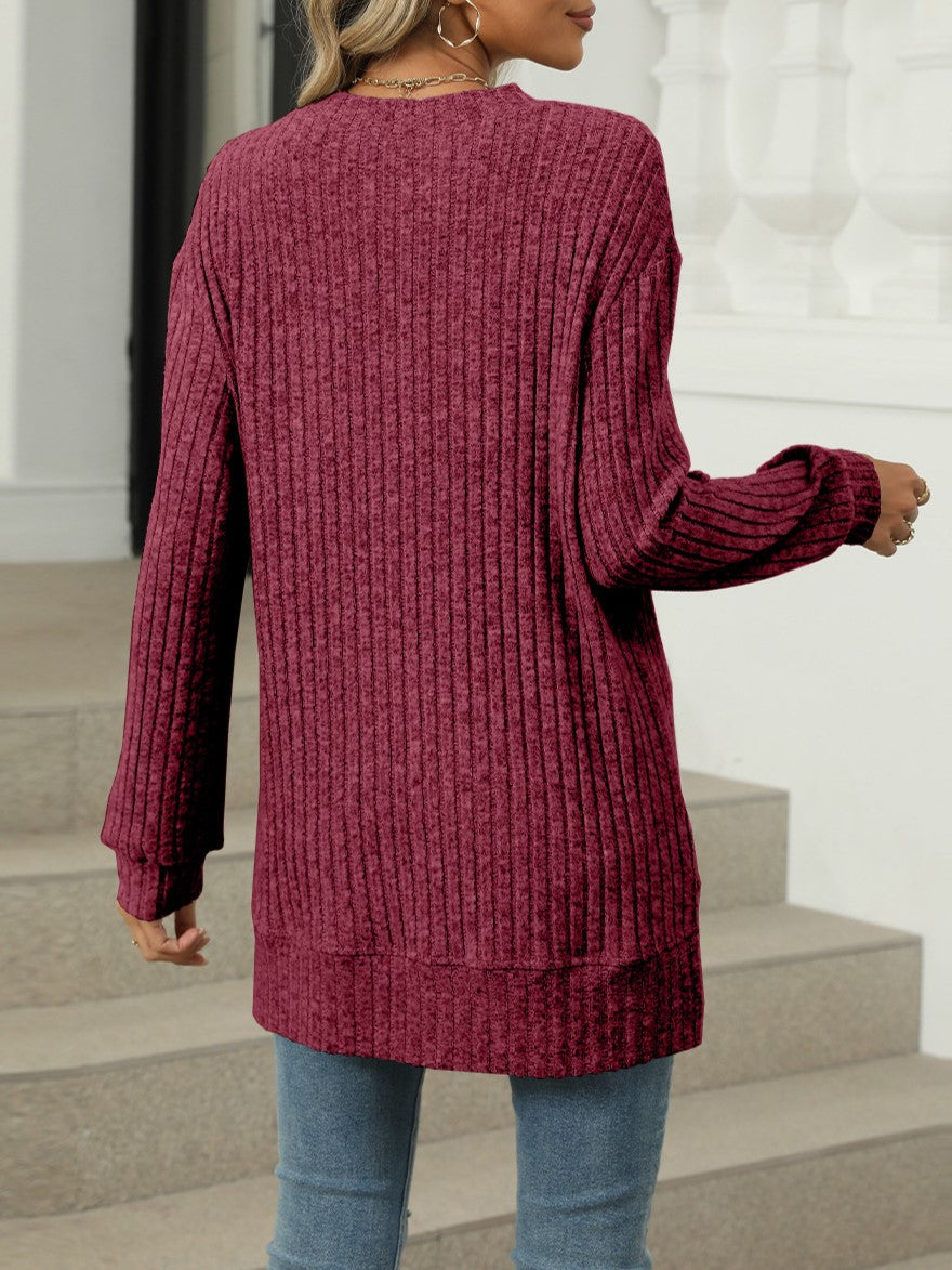 Ribbed Knit Chest Pocket Tunic Top - Burgundy - 5