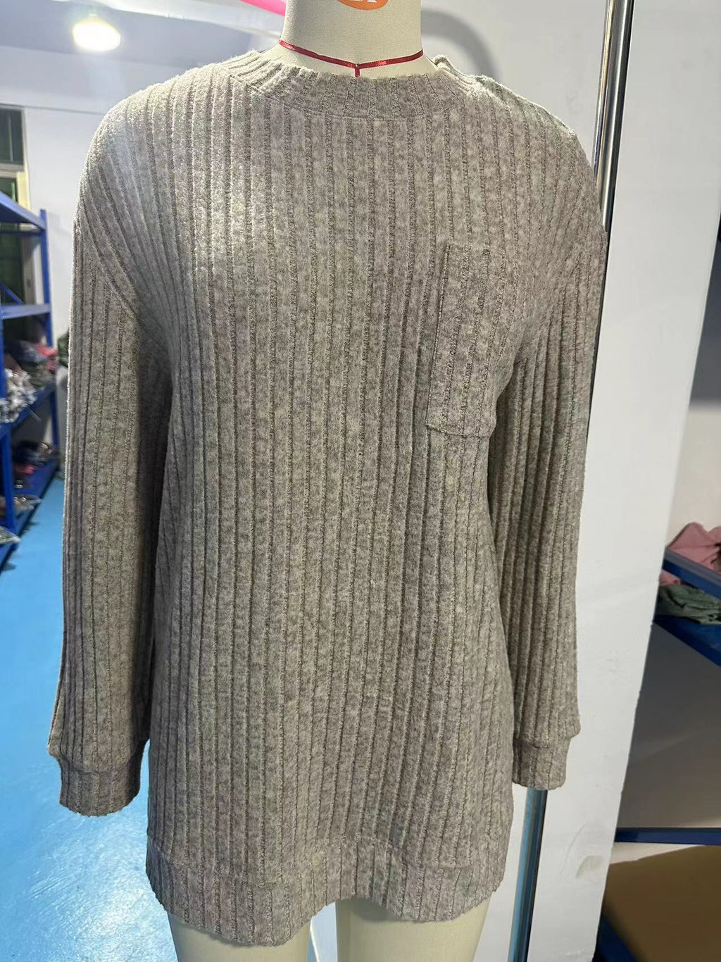 Ribbed Knit Chest Pocket Tunic Top - Oatmeal - 1