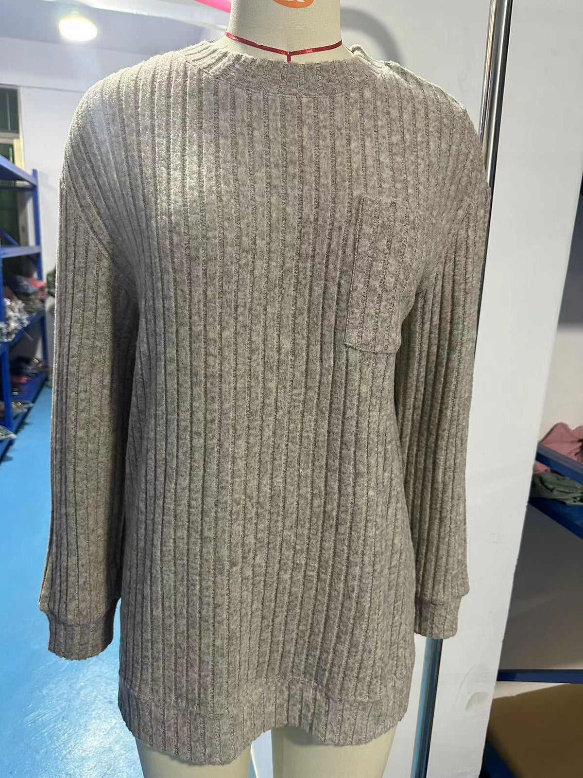 Ribbed Knit Chest Pocket Tunic Top - Oatmeal - 1