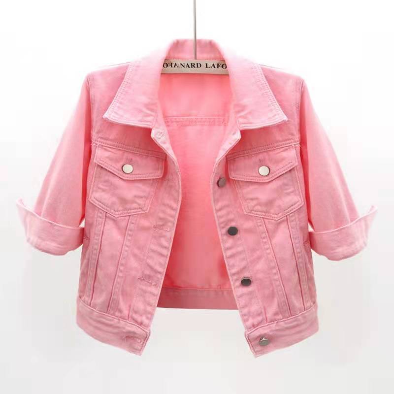 Rolled Sleeve Cropped Denim Jacket - Pink