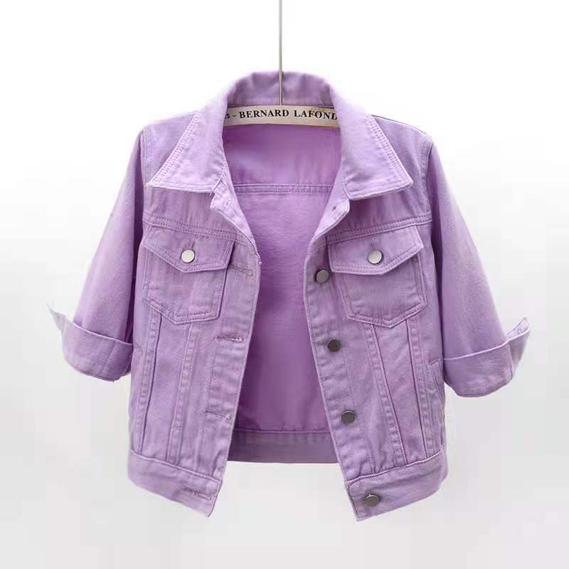 Rolled Sleeve Cropped Denim Jacket - purple
