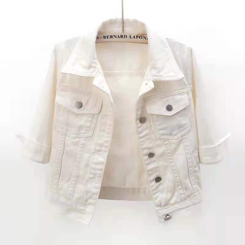 Rolled Sleeve Cropped Denim Jacket - white