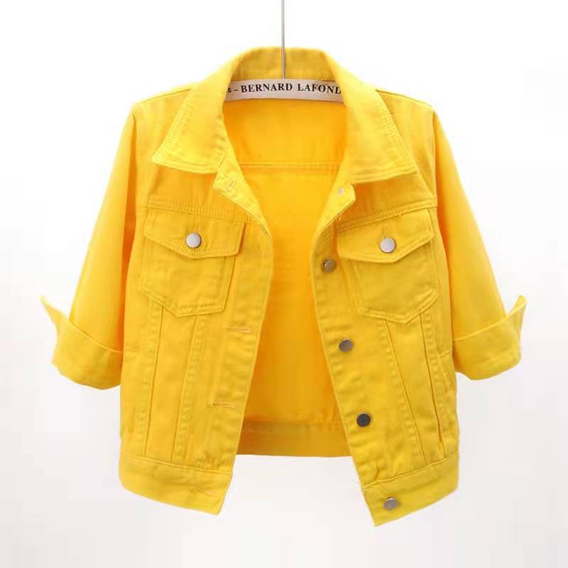 Rolled Sleeve Cropped Denim Jacket - yellow